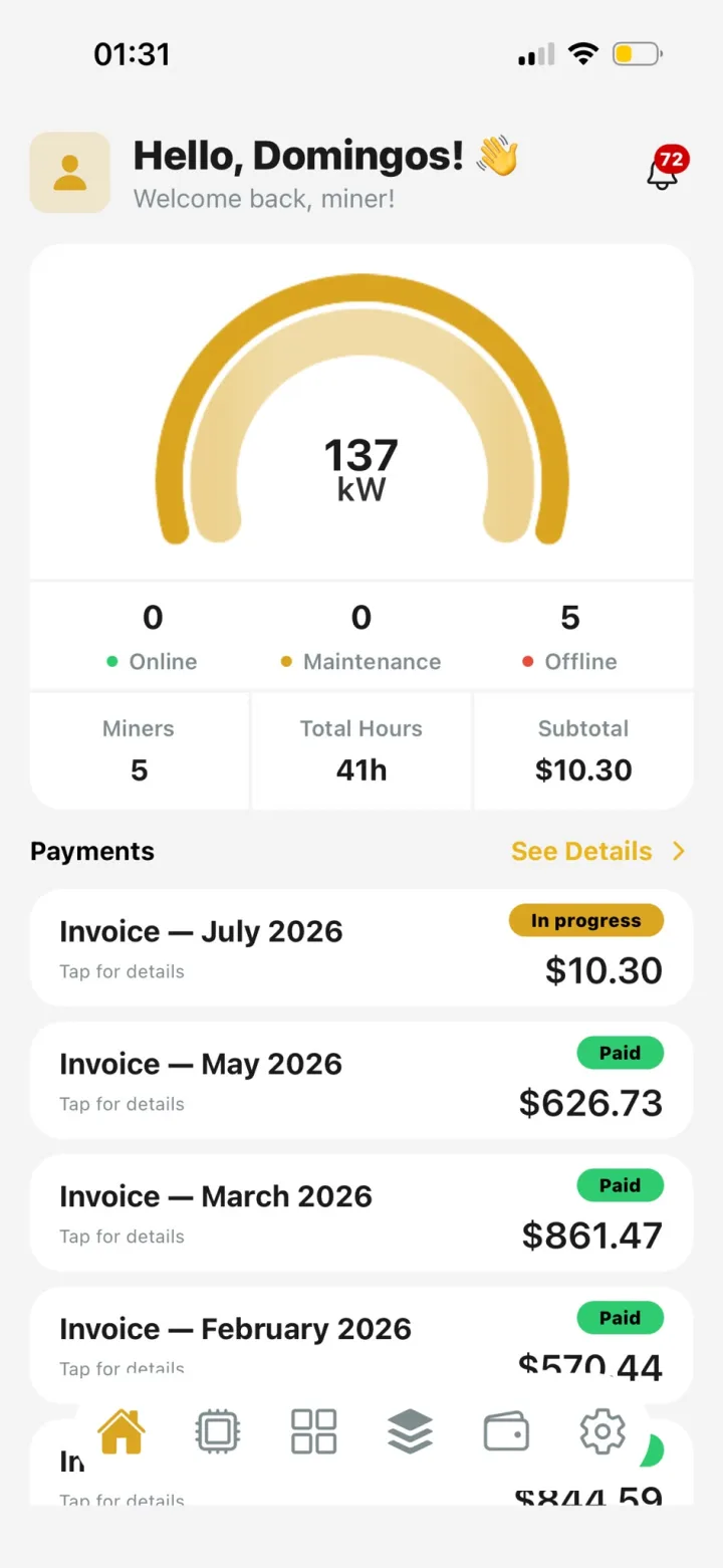 CryptoMiners — dashboard do cliente com consumo e faturação