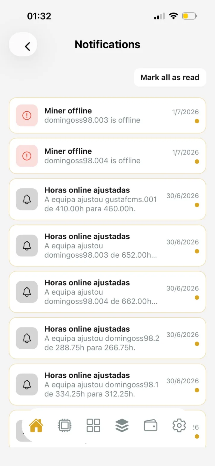 CryptoMiners — notificações em tempo real
